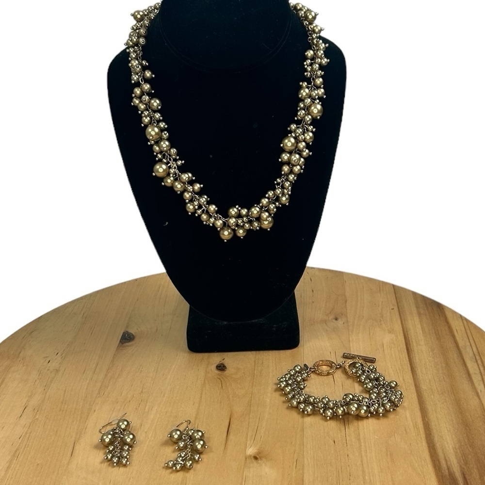 Premier Designs Beaded Necklace Bracelet Earrings Gold Tone Cluster Demi-Parue - Picture 3 of 12